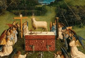 Cropped Image of the Painting 'The Adoration of the Mystic Lamb'. The lamb is on a pedestal surrounding by Angels appearing to kneel in prayer.