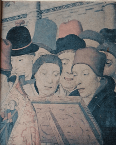 Spanish Painting by Ugo Bicchi showing a group of people singing with a hymn book.