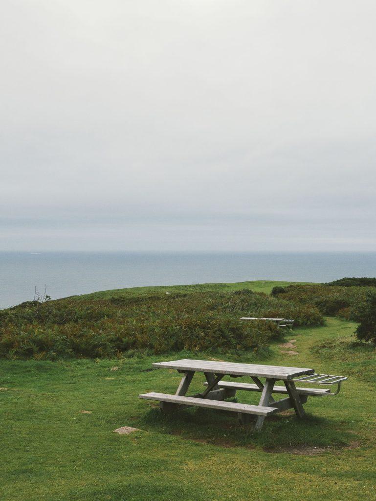 A picnic bench on grass with the sea in the background.