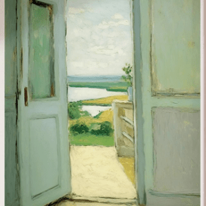 A watercolour painting of an open white wooden door showing a coastal landscape in the background.